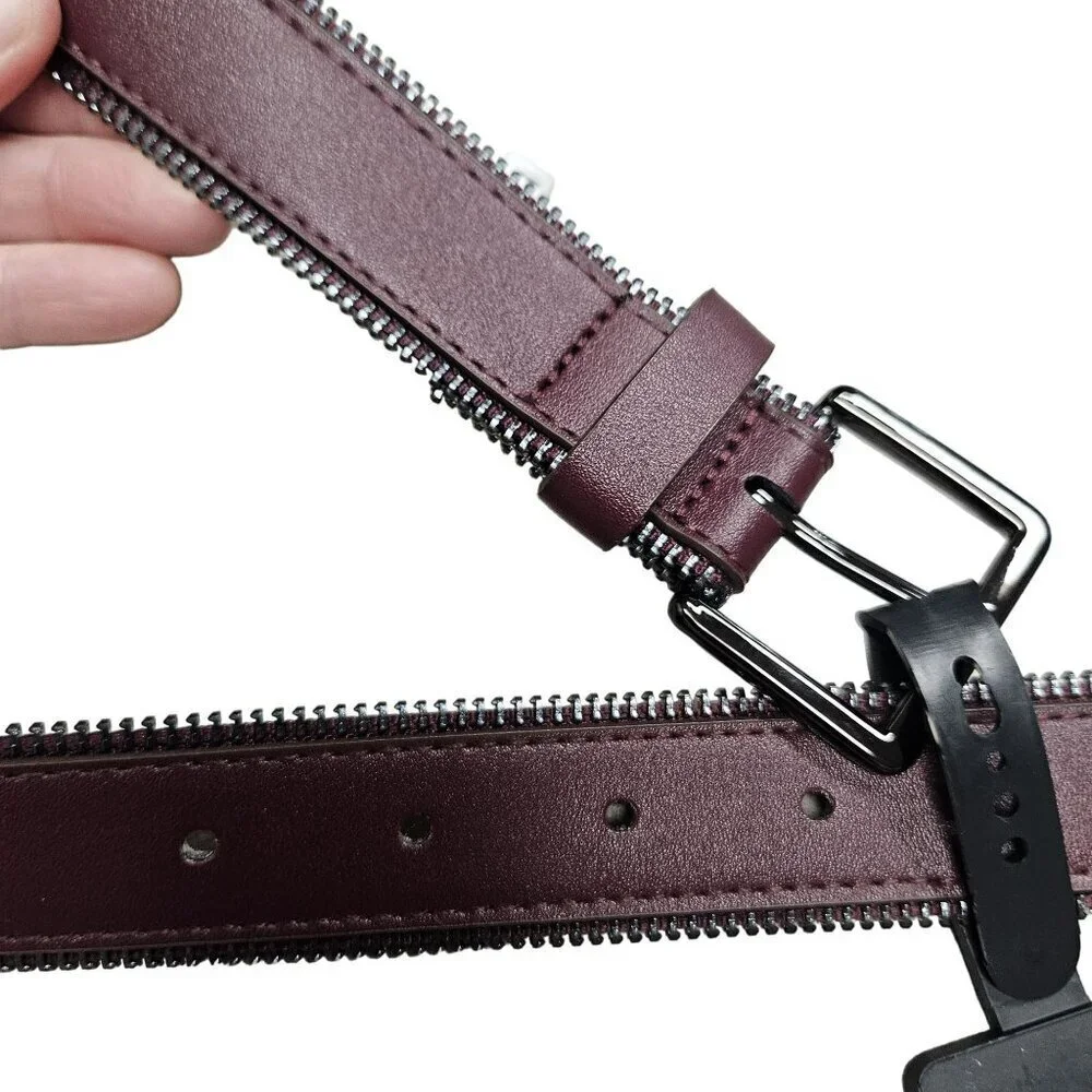 Brand Unknown NWT Burgundy Synthetic Leather Belt‎ Unique Zipper Edge Cyberpunk